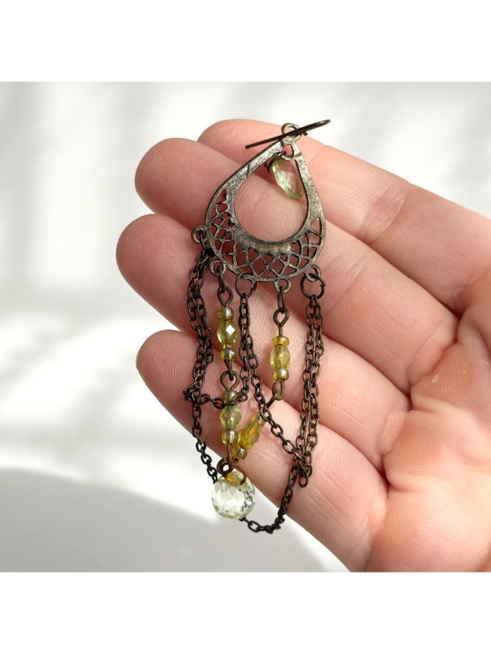 Ultra Dark Silver Toned Green Rhinestone Chandelier Vintage Dangle Earrings - Picture 3 of 13